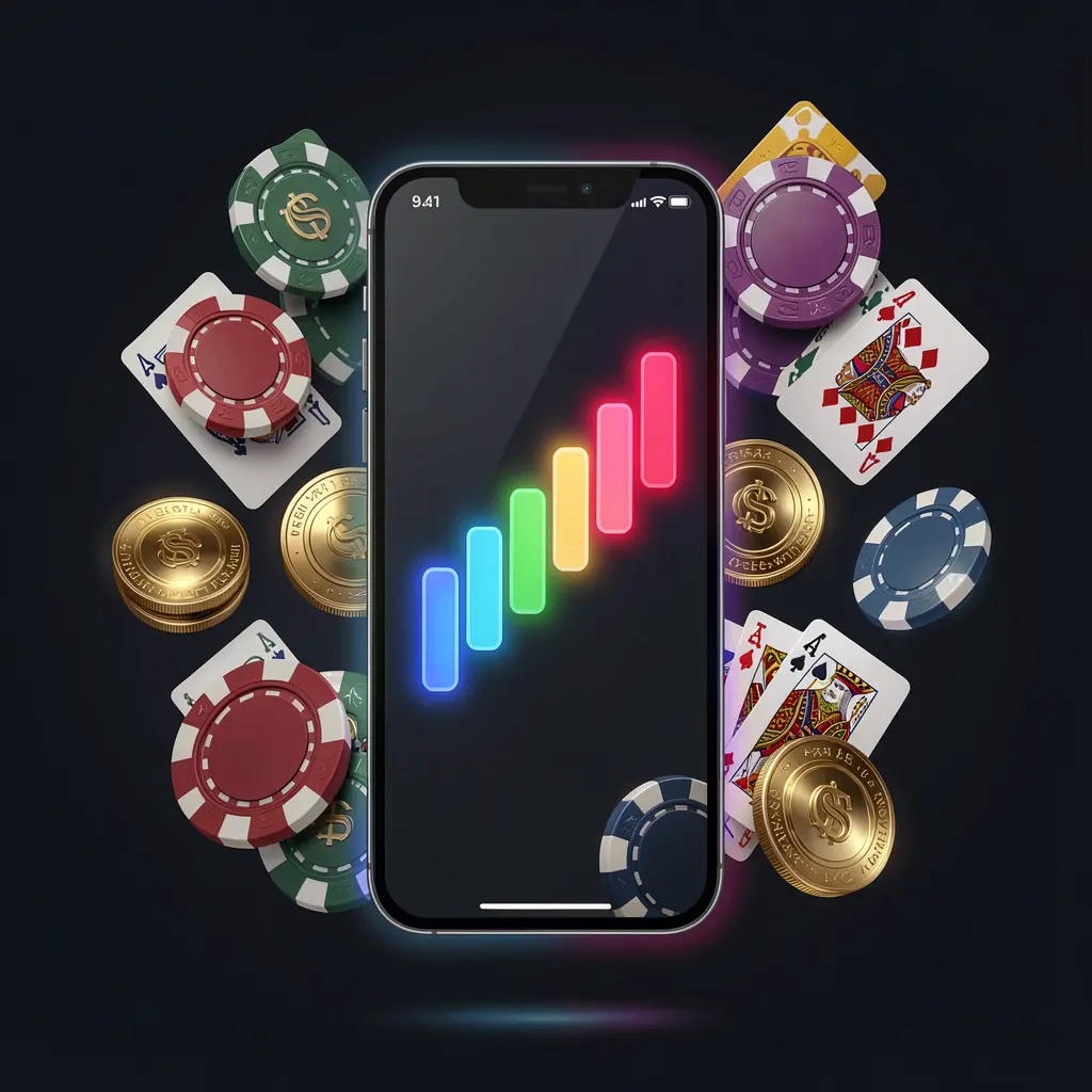 KAOLAJL casino app installation on a smartphone with glowing progress bar, surrounded by coins, chips, and cards against a dark background