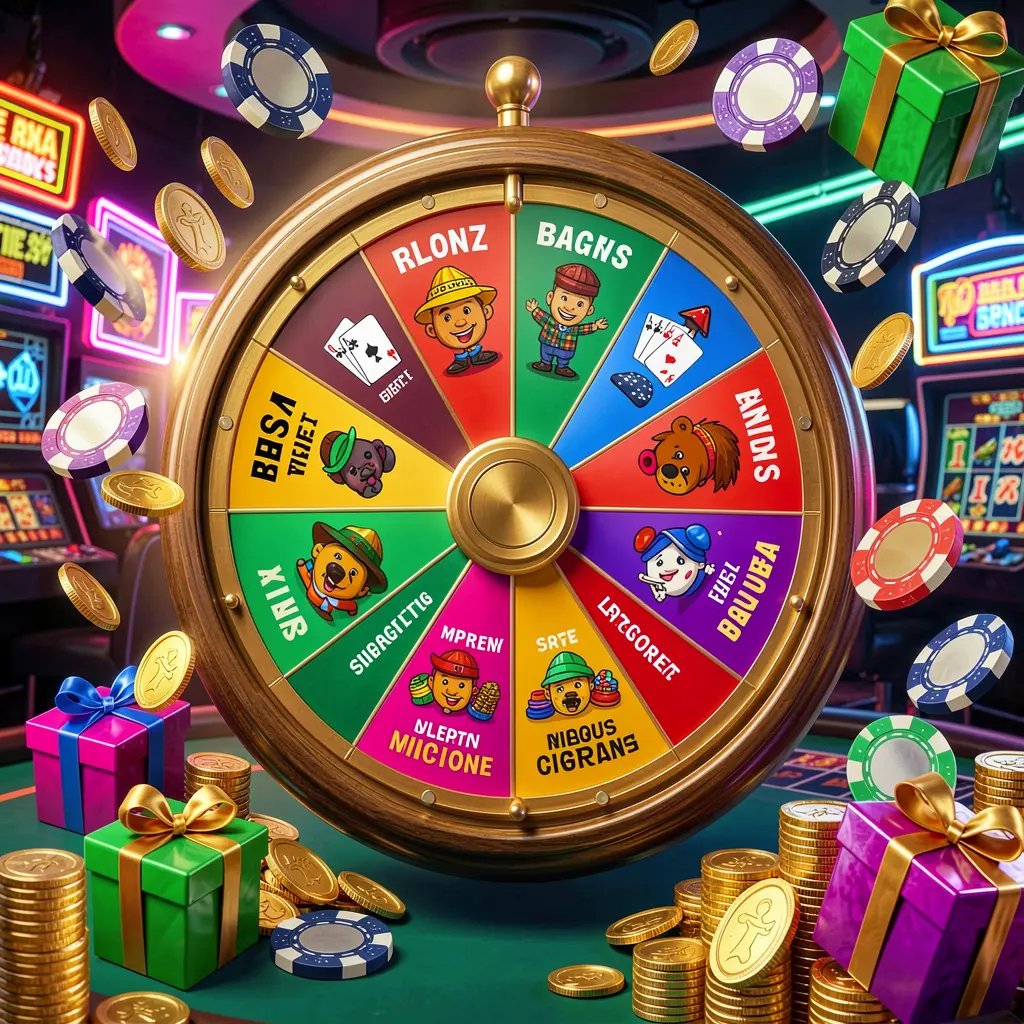 KAOLAJL casino bonus wheel with colorful prize sections surrounded by golden coins, chips, and gift boxes under bright neon casino lights in a dynamic composition