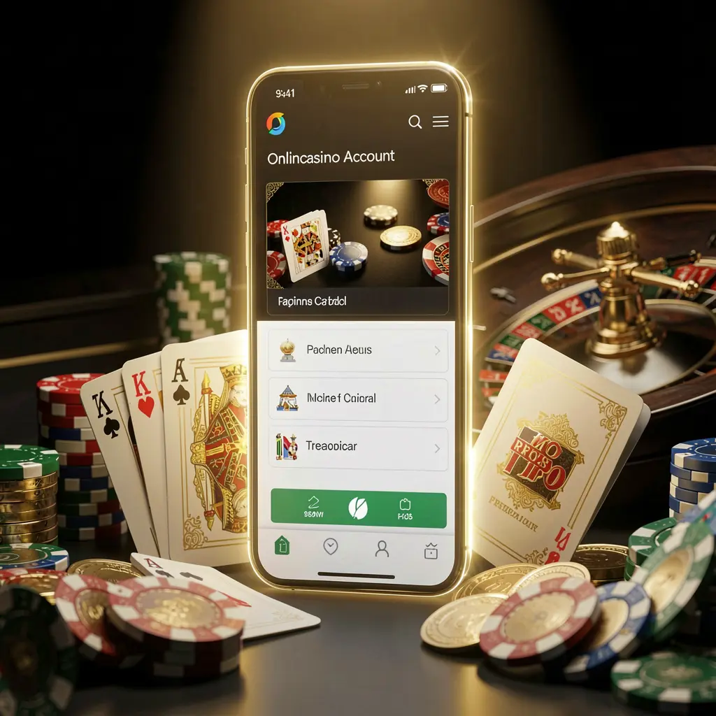 KAOLAJL online casino account portal featuring a glowing smartphone surrounded by premium cards, chips, roulette wheel, and coins against a black and gold background with cinematic lighting in a realistic 3D render