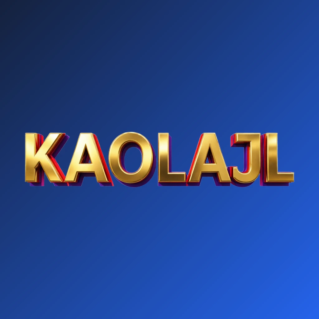 Bright premium KAOLAJL logo with thick uppercase typography in vivid gold, red, and purple colors, featuring a polished metallic finish and strong visual impact on a transparent background, designed as a wide horizontal rectangular wordmark for a website header