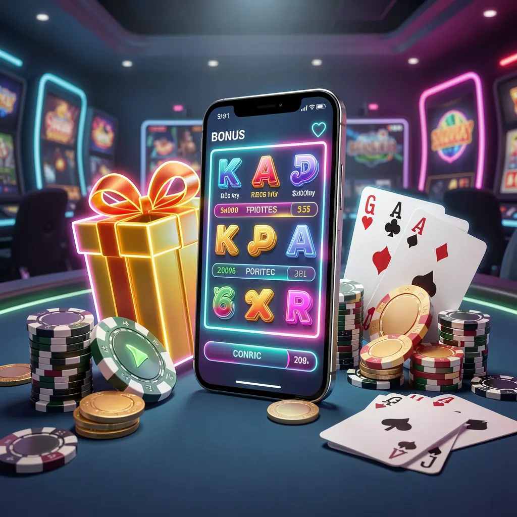Modern casino website hero scene featuring a KAOLAJL branded smartphone with a glowing interface surrounded by a bonus gift box, chips, coins, and playing cards in a premium neon casino style